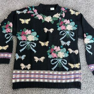 Vintage Ramie Cotton Black Floral Pattern Knit Sweater FullSleeve Women’s Size L